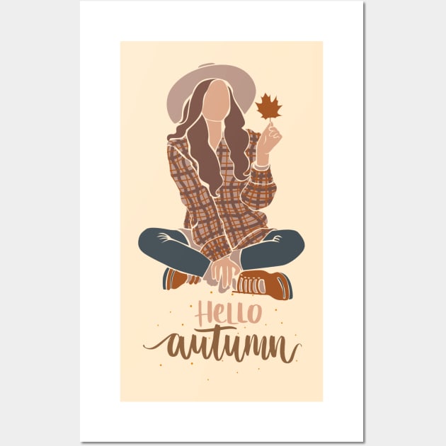 Hello autumn girl holding maple leaf Wall Art by kuallidesigns